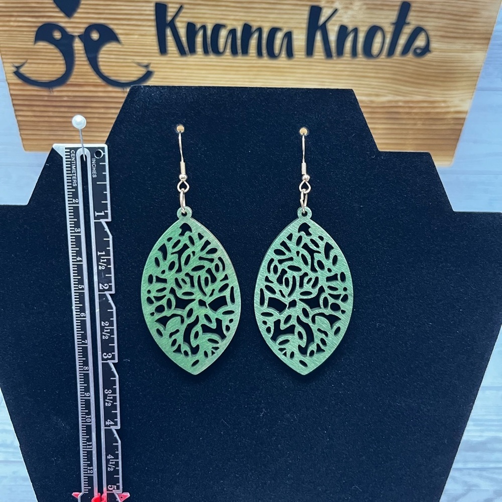 Green Filigree Earrings Laser Carved Wood - Picture 2 of 2